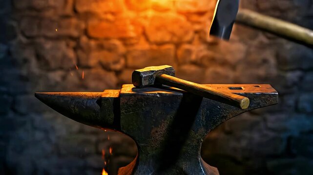 Heavy, aged blacksmith anvil rests below a striking hammer with glowing embers highlighting the rugged, textured metal surface in a dark workshop setting.