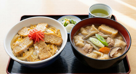 宮城の郷土料理 油麩丼とはっと汁の定食