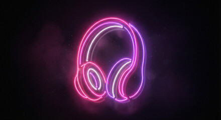 Neon Headphones Glow In Dark Backdrop, Modern Tech Audio Art For Stock Photos.