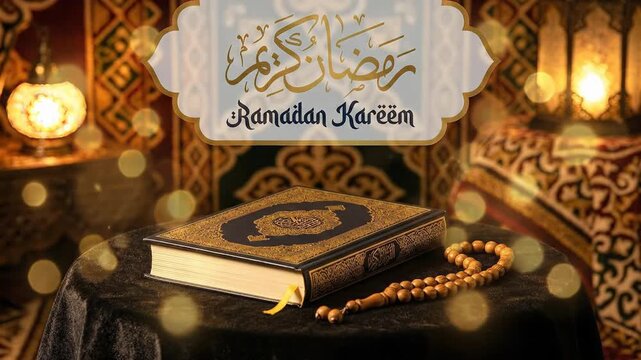 This evocative video features a beautifully adorned book with intricate golden patterns and traditional prayer beads resting on a dark, draped surface. The scene is bathed in a warm, ambient glow from