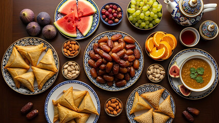 Fototapeta premium Traditional Middle Eastern spread with samosas, dates, fruits, and tea