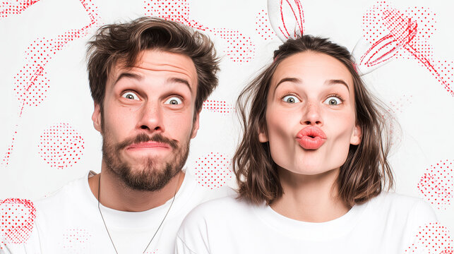Playful couple funny face silly expression kissy face wide eyes joy humor young adult white background dotted pattern