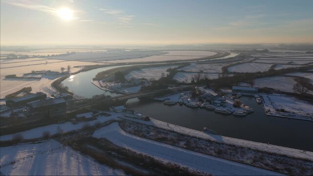Approaching Acle Bridge by Drone on a Snowy Winter Day