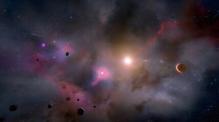 Radiant cosmic panorama a serene vista of planets nebulae and asteroid fields glows softly