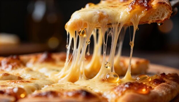 extreme close up melting pizza cheese fibers perfect for international pizza day