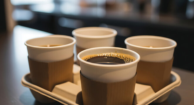 Four disposable coffee cups on a tray, filled with espresso, on a table in a cafe from a close-up viewpoint.