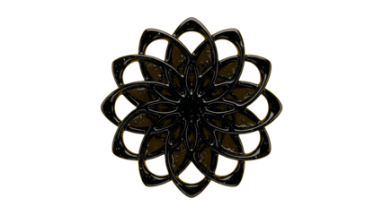Ornate Black Glossy Mandala Ornament with Interlacing Geometric Design Isolated on Transparent Background
