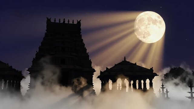Vaikasi Visakam Background with Hindu Temple Silhouette Under Moonlight and Gentle Divine Light Rays