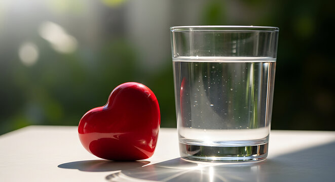 A glass of clear water and a red heart on a white surface outdoors in natural sunlight