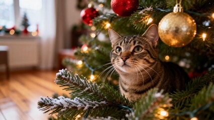 Cat sitting in a decorated Christmas tree