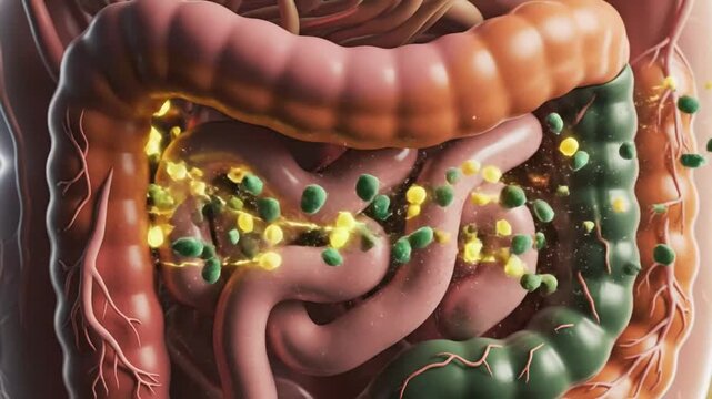 Anatomical Animation of the Human Digestive System Showing Digestion and Absorption Processes with Bacteria