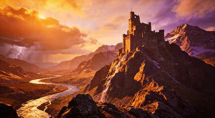 Epic fantasy castle on mountain peak at sunset with waterfall and river