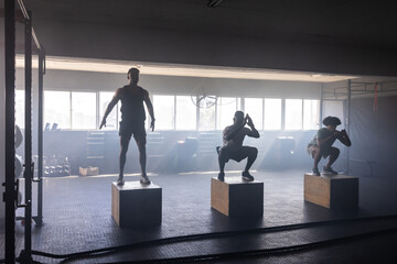 Diverse male friends squatting on wooden plyometric boxes in gym with dumbbells and weight plates