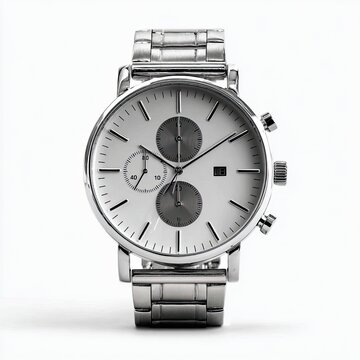 Silver wrist watch. White face, chrome band, chrono sub-dials