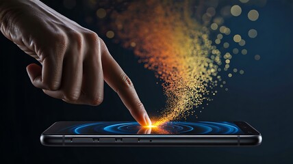 Finger touching futuristic digital interface on screen
