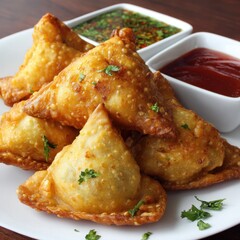 Golden fried samosas with dipping sauces on plate