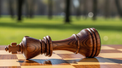 Grandfather playing chess with granddaughter in sunny park, wooden king piece on checkered board, vibrant outdoor setting with blurred green background