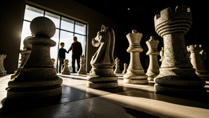 Grandfather and granddaughter playing chess on a giant board in the park, silhouetted by sunlight through large windows, surrounded by oversized chess pieces