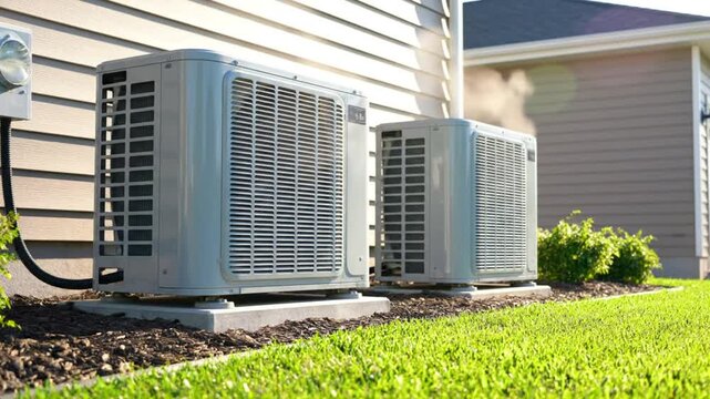 Working air conditioning units installed outdoors next to residential home providing cooling during hot summer weather
