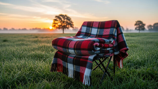 A man folding a plaid blanket on a chair at sunrise in a misty field with trees in the background - Powered by Adobe