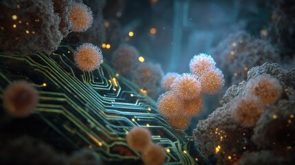 Microscopic view of virus cells on circuit board