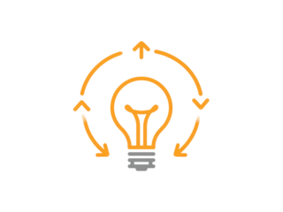 A light bulb is surrounded by arrows pointing in different directions