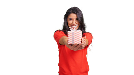 Young woman giving a gift box to camera