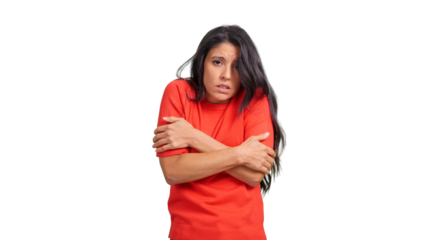 Young woman feeling cold and shivering, hugging herself