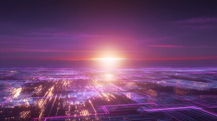 Futuristic sunrise illuminates a vibrant digital landscape showcasing visionary technology and serene innovation