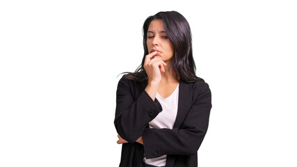 Woman thinking business strategy with evil expression