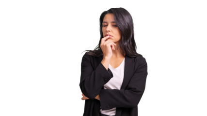 Woman thinking business strategy with evil expression