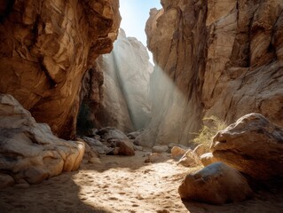 Sunlight beams in desert canyon with sandy path