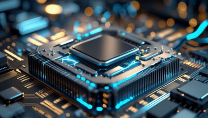Futuristic CPU Processor with Glowing Blue Circuits and Metallic Details