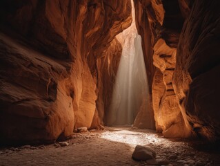 Sunlight streams into narrow desert sandstone canyon