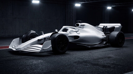 Obraz premium white matte formula 1 racing car on a night track under spotlight illumination side view emphasizing long wheelbase and complex rear wing elements for 2026 championship