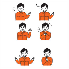 Illustration of a man in orange shirt communicating through various gestures and sign language