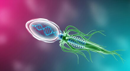 Virus with DNA helix inside translucent outer shell on gradient background