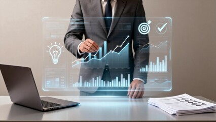 Businessman interacting with digital data charts