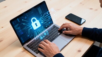 Person working on laptop with security icon