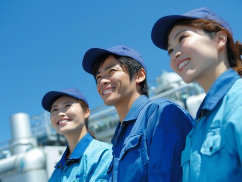 青空の下で作業服を着た男女の作業員が前向きに働く現場のチームワーク風景