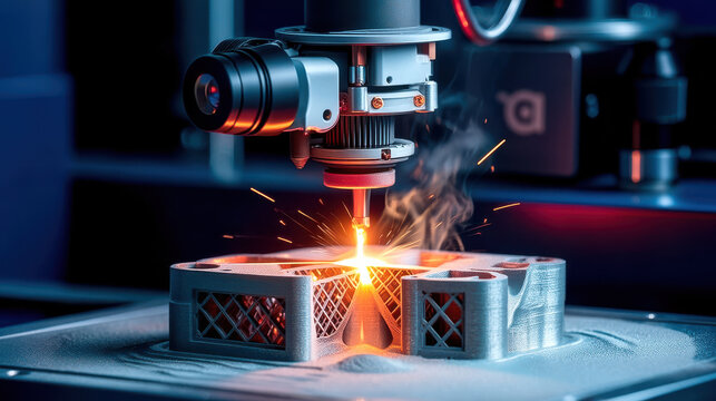Laser melting 3D metal printing process creating lattice component with sparks and smoke, industrial additive manufacturing