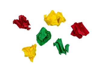 Wrinkled red, yellow and green paper isolated on transparent background