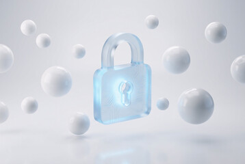 A blue padlock floating among white spheres in a minimalist 3D rendered scene