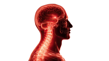 Human brain anatomy head profile medical illustration nervous system skull spine detailed scan isolated on white background