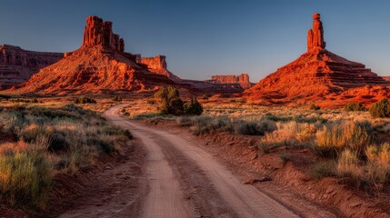 Scenic Dirt Road Leading to Red Rock Buttes in Desert Landscape Under Clear Blue Sky During Sunset Casting Golden Light on Rock Formations and Vegetation