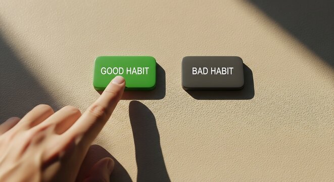 Hand choosing good habit over bad habit with finger on button