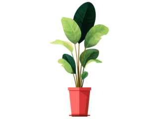 A potted plant with green leaves sits in a red pot