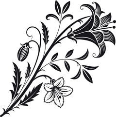 Elegant Black and White Floral Ornament with Decorative Leaves