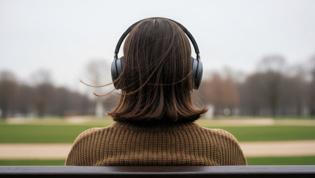 Man with closed eyes listening to audiobook on headphones, sitting on park bench with serene landscape, wearing brown sweater, overcast sky