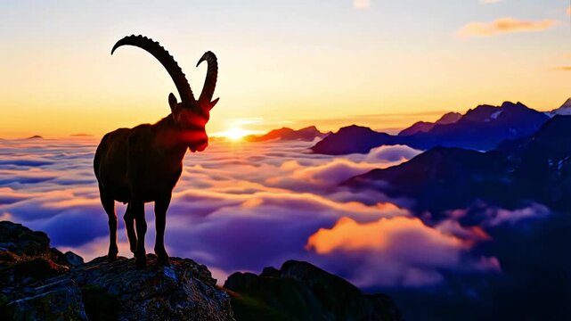 Majestic ibex silhouette stands proudly atop a rugged rocky summit against a breathtaking alpine sunset view over low-hanging clouds